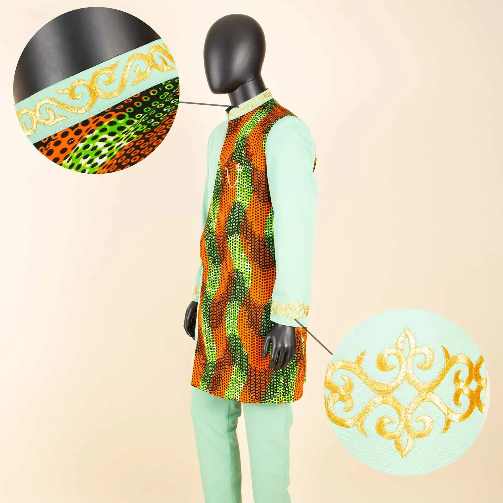 Men`s Suit Embroidery Single Button Print Blazer and Trousers 2 Piece Set Traditional Attire African Clothes with Brooch 2416052