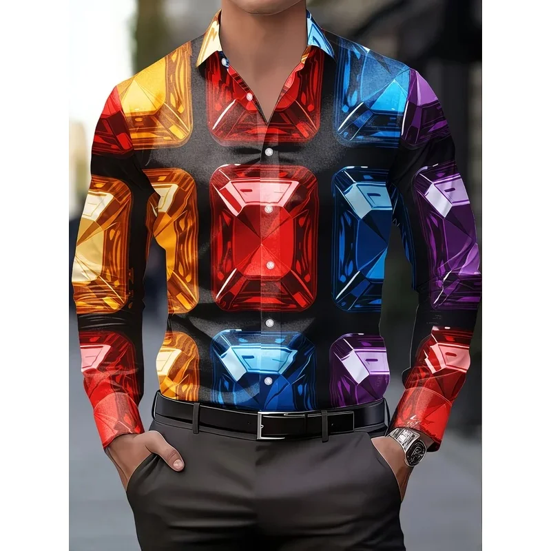 New Colorful Starry Sky Skull Printed Men's Long Sleeve Shirt Personalized Trendy Brand Style Casual Flower Shirt