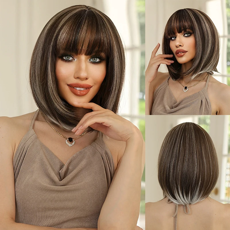 Brown bob wig women with bangs, short straight hair synthetic high-temperature fiber full head style