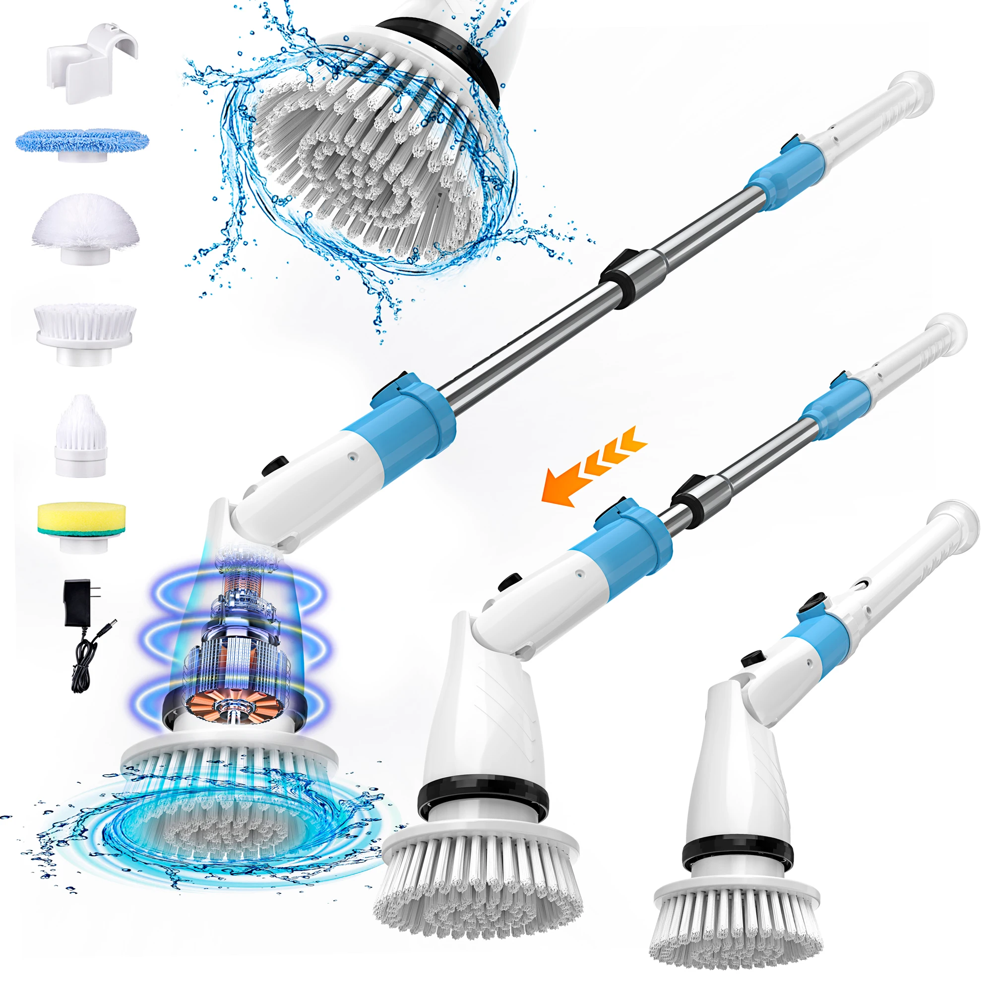 450RPM Electric Spin Scrubber Cordless Shower Cleaning Brush with 5 Replaceable Brushes Adjustable Extension Handle for Bathroom