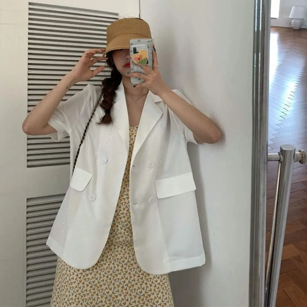 

Casual V-neck Short Sleeve Suit Simple Thin Large Size Business Style Suit Coat Flip Collar Candy Color Women's Suit Top Girl