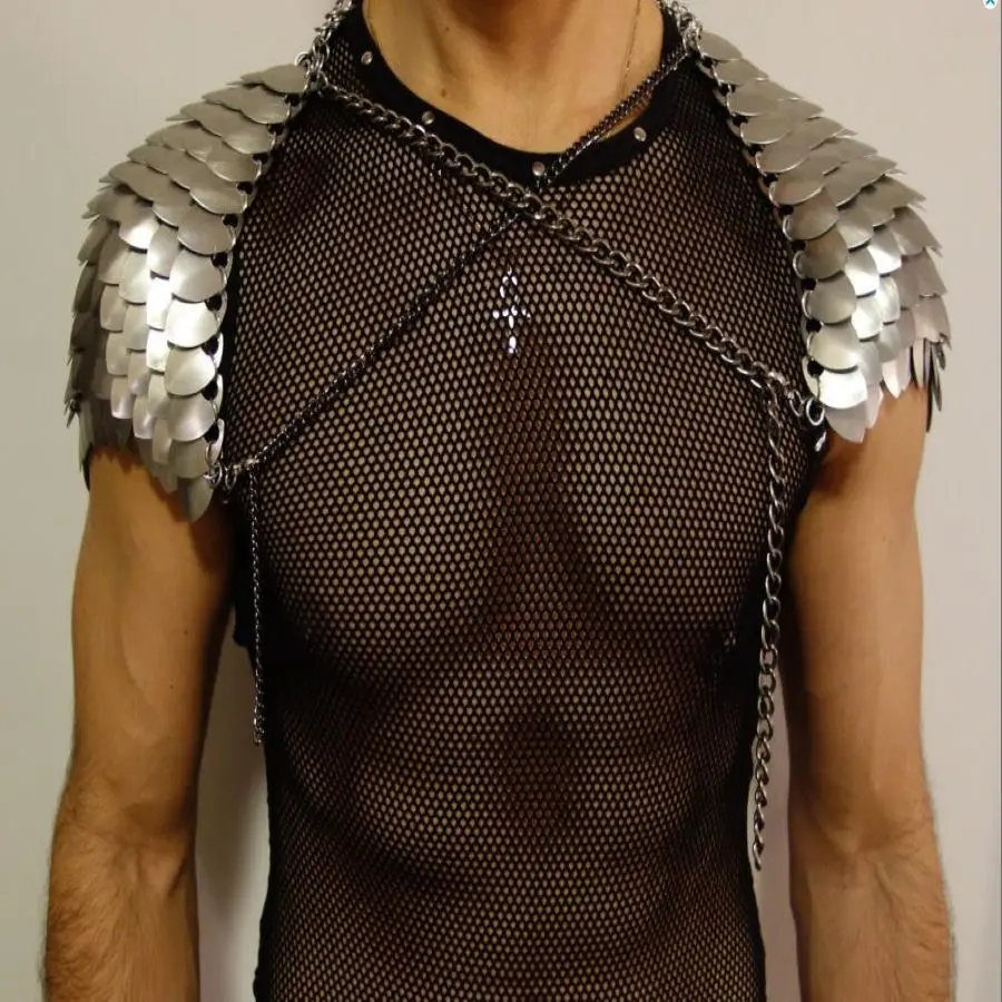 New Fashion RJFS29 Men\'s Mermaid Fish Scales Neck Shoulder Chains Layers Chainmail Dragon Scale Shoulder Jewelry 2 Colors