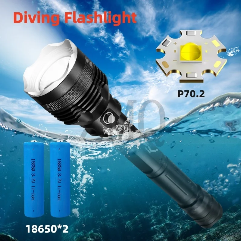 Powerful Diving Flashlight 5 Working Modes XHP70.2 White / Yellow Light Metal Scuba Underwater Dive Torch Scuba for Spearfishing
