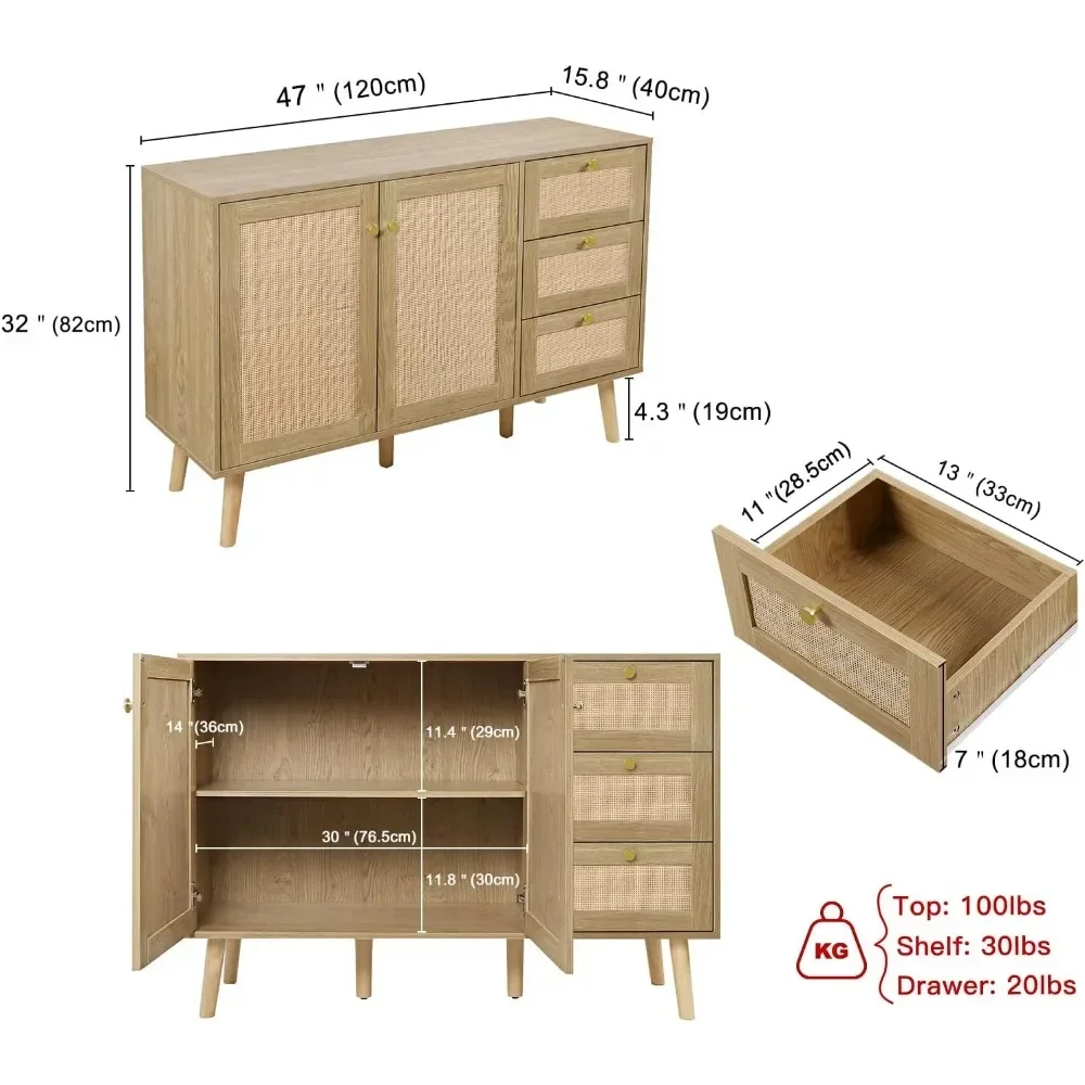 Rattan Sideboard Buffet Cabinet with 2 Doors and 3 Drawers, Buffet Cabinet with Storage Wood Credenza Storage Cabinet