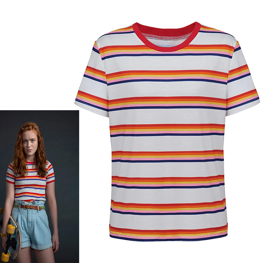 Max Mayfield Cosplay Costume Women Girls Personality Casual Rainbow Striped T-shirt Summer Colorful Outfit Halloween Party Top