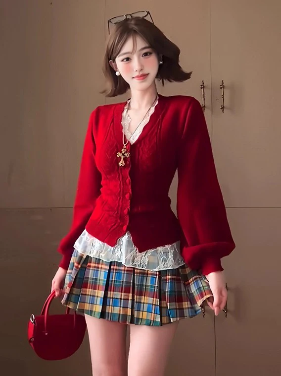 

plus Size Red Knitted Sweater Lace Vest Women's Layering Top Aosphere Feeling Autumn Winter Two-Piece Set Commute Sle Sli...