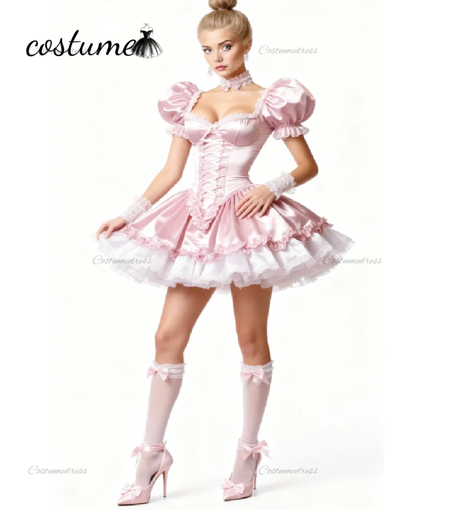 Victoriaanse roze korte avondjurk pofmouwen satijn cosplay galajurk 2026 elegante ruches cocktailjurk meid kostuum verjaardag