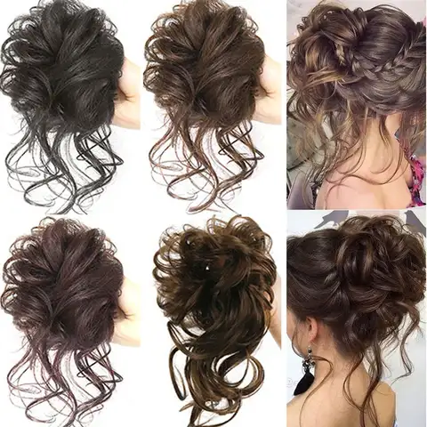 여성 Scrunchy 곱슬 Chignon 고무 밴드 머리 확장 거짓 머리 조각 합성 머리 롤빵 지저분한 곱슬 머리 밴드 Chignon 가발