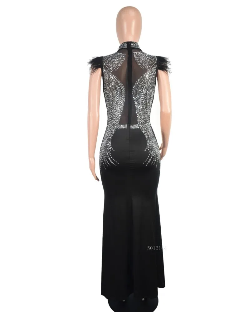 2026 Women Sleeveless Sexy Evening Long Mermaid Dress Rhinestone Mesh Patchwork Split Side Elegant Party Maxi Dress Black White