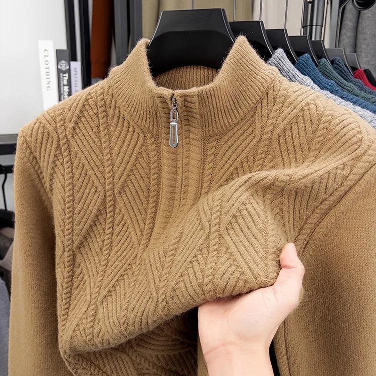 

Thiened f-High Collar Men's Sweater Zipper Knitted Woolen Winter Warm Top for Middle-Aged And ly Casual Wear