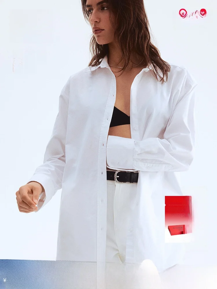 

Loose Fit Ox irt Women's Casual Sle Long Sve Turn-down Collar Base Layer Lazy Sle Cotton Material H&M Brand