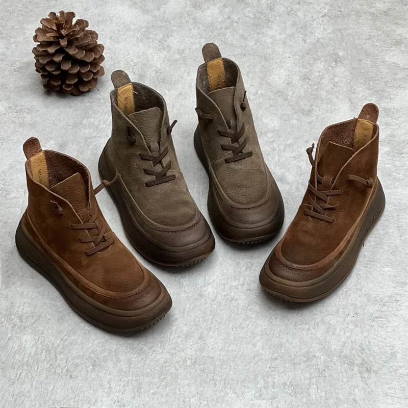 Platform Frosted Cow Leather Vintage Women Boots Leather Women\'s Shoes Thick Bottom Brown Ankle Boots Plush warm snow boots