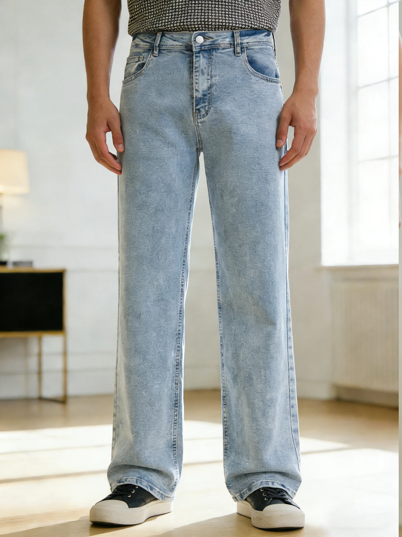 

Light Blue Washed Vintage Straight-Leg Jeans Retro Loose Wide-Leg Long Pants Men's Casual Versatile Pants