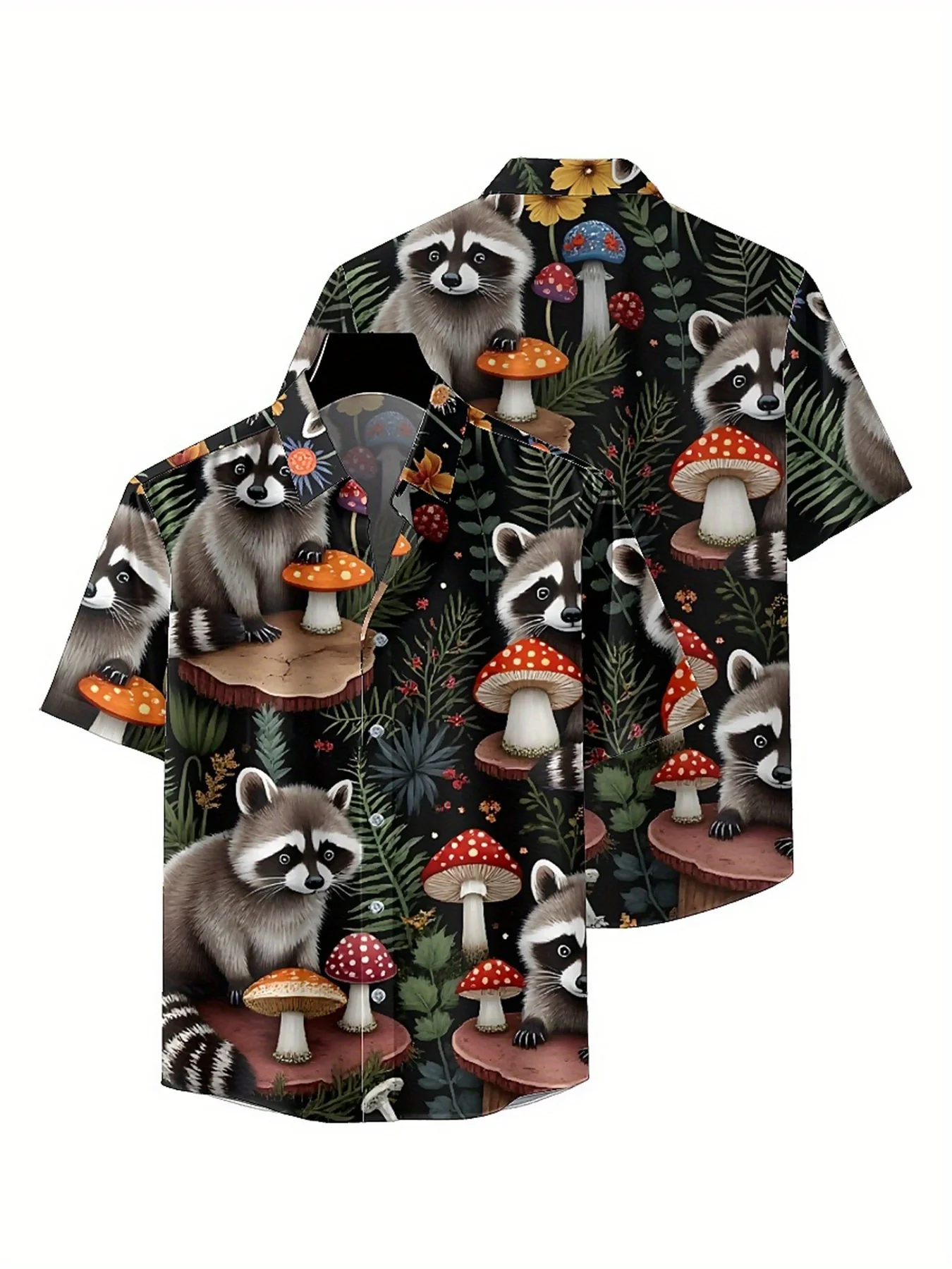 Men's Plus Size Hawaiian Shirts Raccoon and Mushrooms Pattern, Unisex Aloha Shirts,New in Summer Tops Tee,streetwear