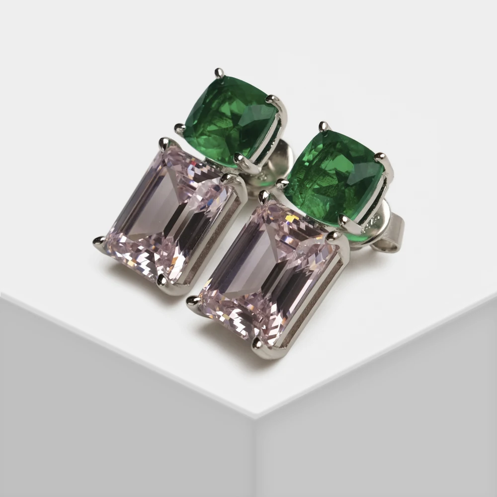 Luxry Green Pink Zircon Stud Earrings Pendant Necklace Jewelry Set