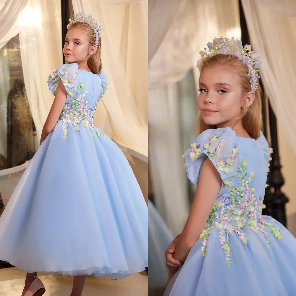 Luxury Blue Flower Girl Dress for Wedding Party 3D Appliqued Princess Holy First Communion Dress Kids Birthday Gift