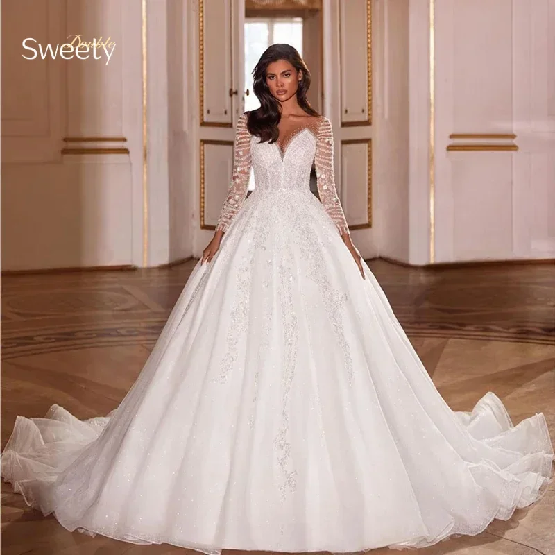 

Luxurious Wedding Dress Embroidered Lace On Net With Sequins Ballgown O-Neck Full Sleeve Bride Button Robe De Mariee Customized