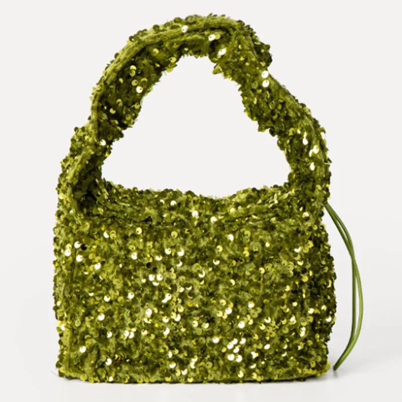 Green Sequined Bead Underarm Bag Fashion Portable Bucket Bag Shiny Piece Shoulder Bag Women Handbag