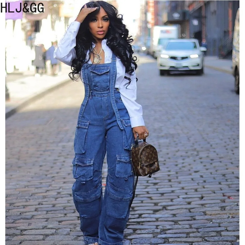 HLJ&GG Fashion Streetwear Women Denim Pocket Strap Sleeveless Cargo Pants Jumpsuits Casual Female Backless Loose Cowboy Overalls