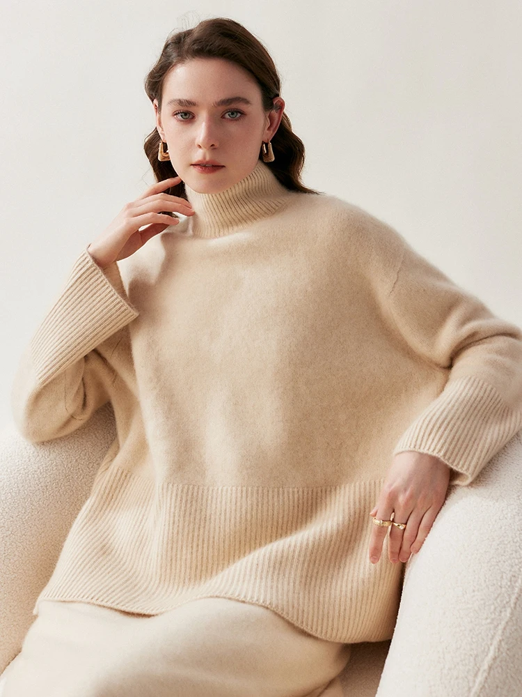 Luxury Women 100% Cashmere Sweater Mock Neck Casual Loose Style Pullover Autumn Winter Thick Cashmere Knitwear High Quality Tops