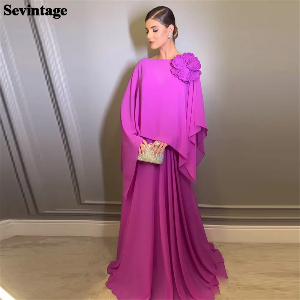 Sevintage Modern Purple Prom Dresses Chiffon O-Neck Cap Slit Sleeves Ruched A-Line Floor Length Party Gowns vestidos de noche