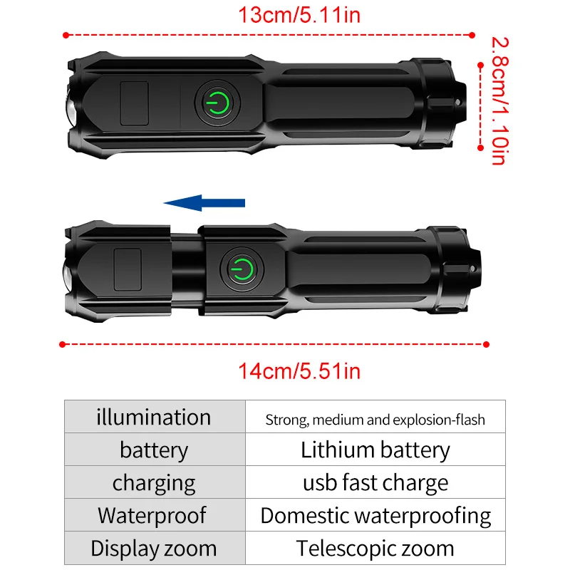 Flashlight Outdoor Lighting Lamp Telescopic Zoom Strong Light Flashlight USB Charging Small Portable Spotlight Long-Range Flood