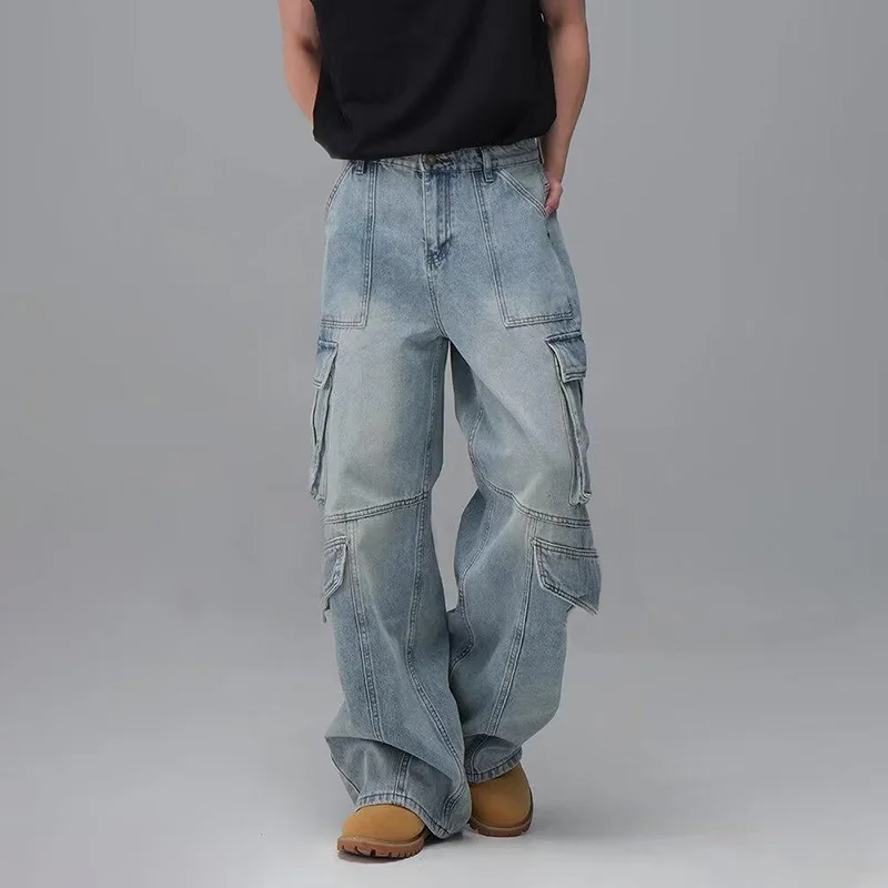 Men'S Spring And Summer Multi Pocket Workwear Design Jeans Retro Washed Japanese And Korean Casual Pants Loose Wide Leg Pants