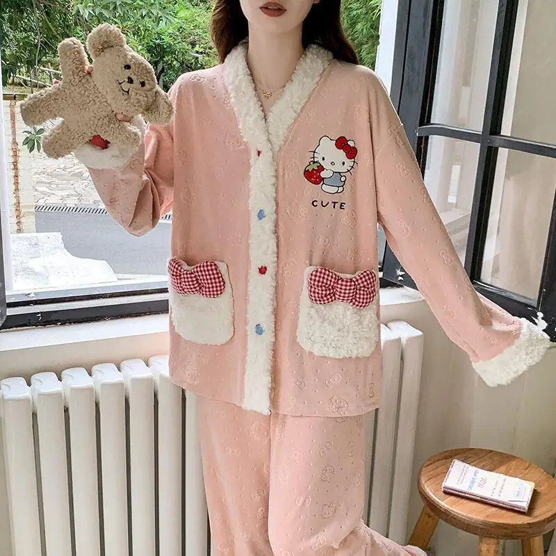 

Sanrio Autumn Hello Kitty Pajamas Set Island Fleece Homewear Outdoor Wearable Leisure Sweet Warm Fleece Lined Autumn Winter New