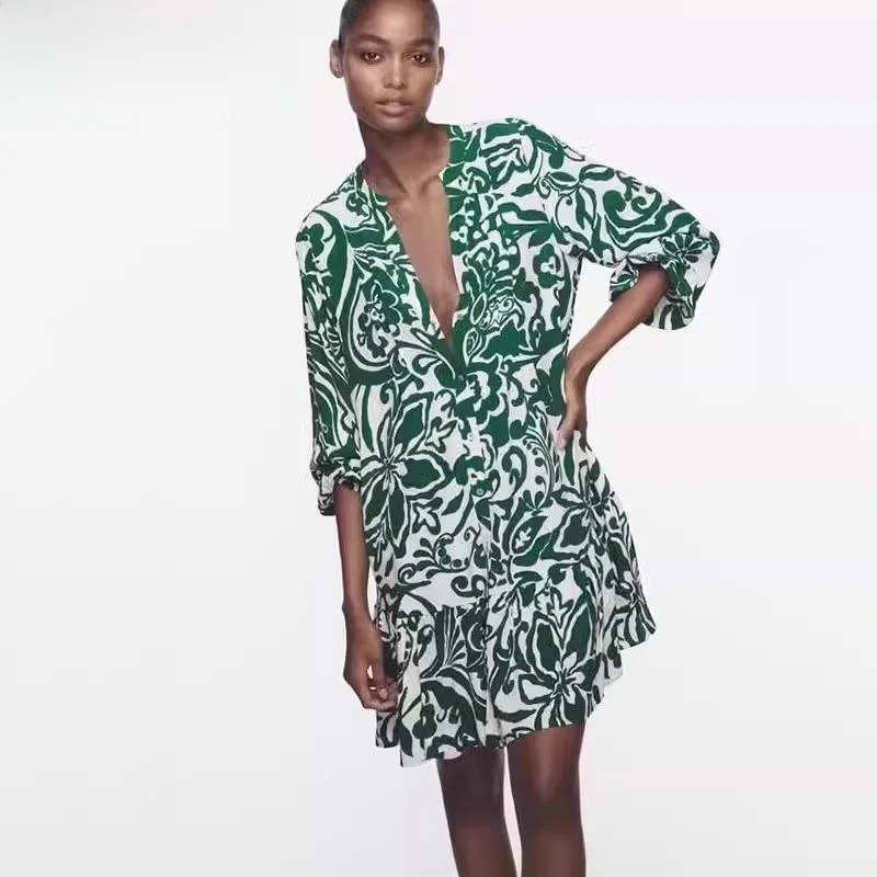 Ele taille haute a-ligne Dr een imprimé fleuri V-Ne boutonné multicouche blanc Bot Long Sve printemps été