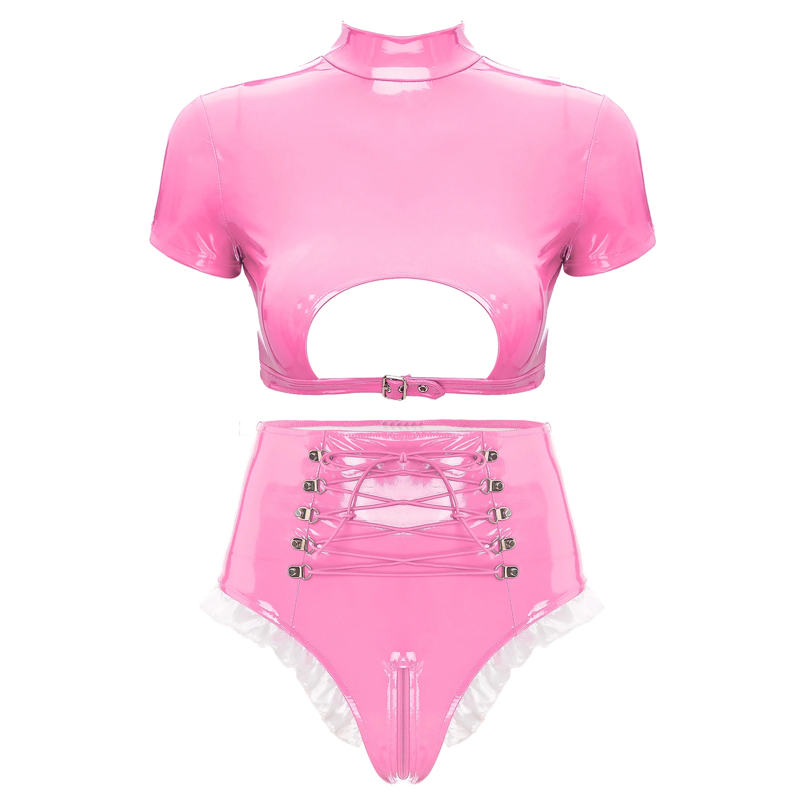 

Womens Glossy Wet-look Lingerie Set Patent Leather Bra Top with High Waist Zipper Crotch Underwear Sexy Pole Dancing Clubwear