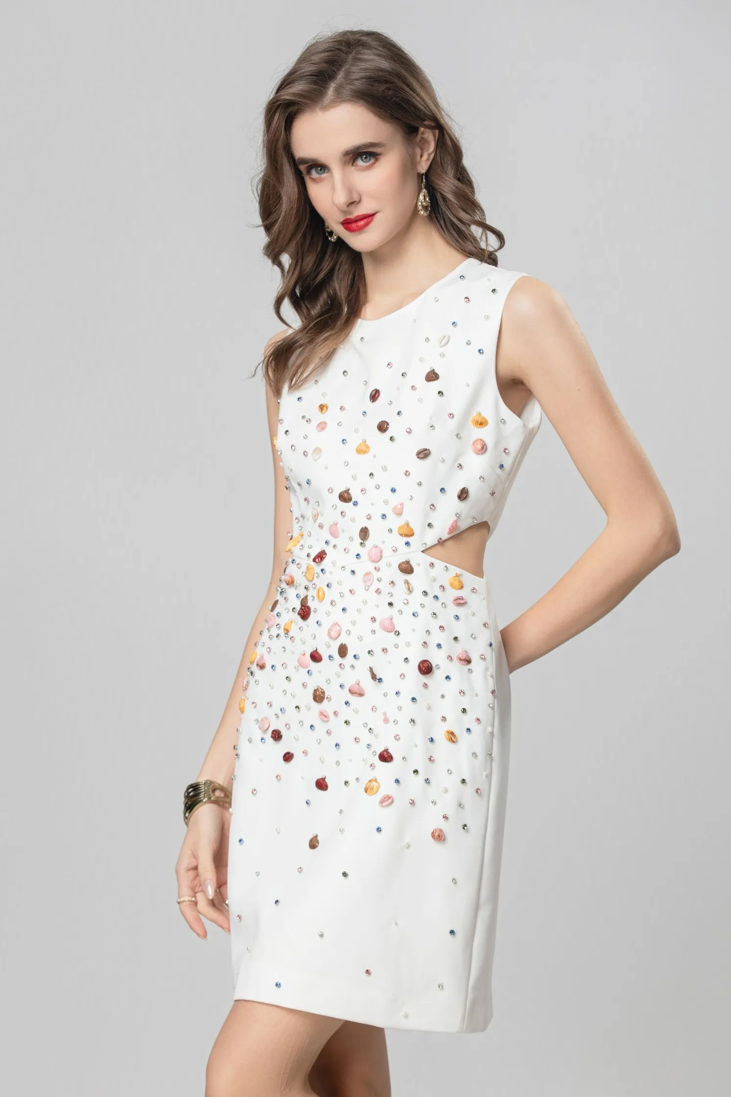 SEQINYY Elegant Mini Dress Vest Summer Spring New Fashion Design Women Runway Crystal Beading Shell White High Quality Sexy