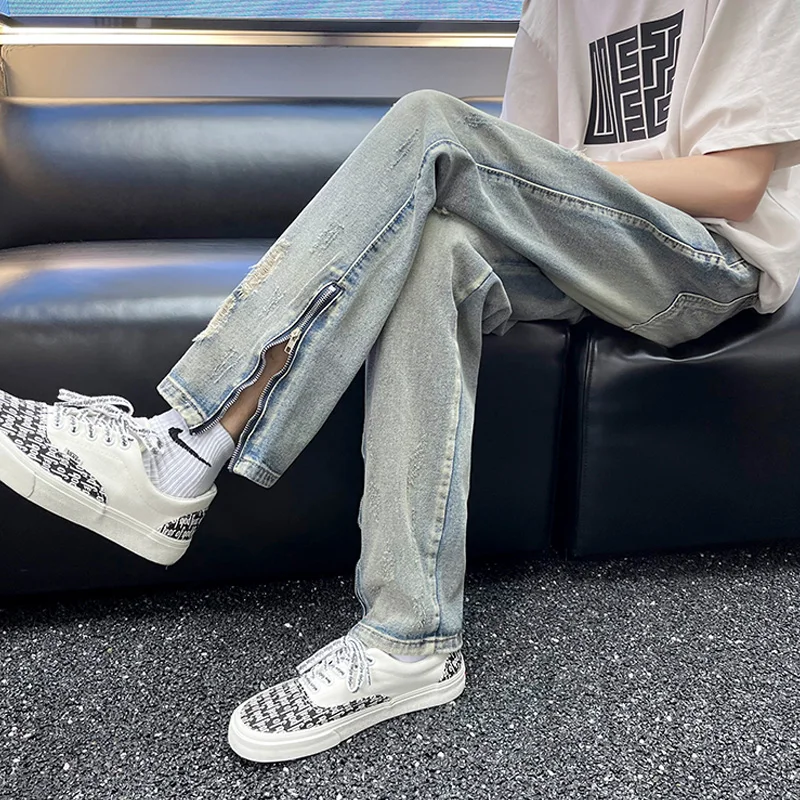 

Мужские летние тонкие свободные джинсы прямого кроя в стиле американского хип-хопа с рваными элементами, ретро-дизайн, расклешенные, повседневные, длинные