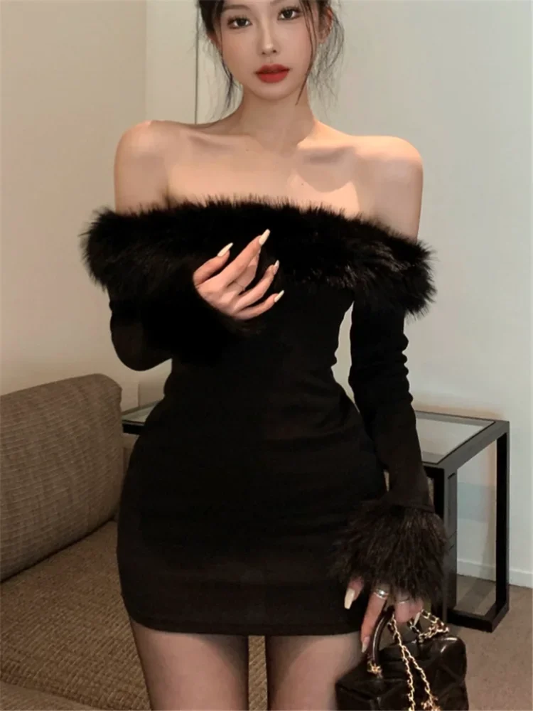 Fashion Off Shoulder Black Pencil Dress Feather Fur Slash Neck Mini Evening Party Dress Strapless Long Sleeve Slim Short Dress