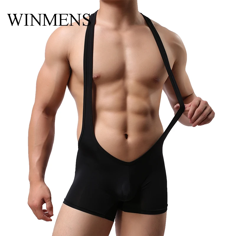 Adult Men's Translucence Trunks Solid Soft Gay Sexy Suspender Boxer Briefs Ultra Thin Elastic One-Piece Leotard Bodysuits