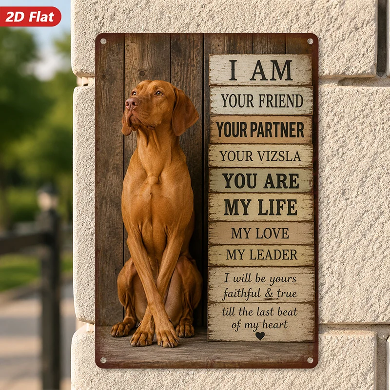 2D Flat, 1pc Vizsla Loyalty Metal Sign Wall Art, Perfect for Entryway Office, Vizsla Dog Portrait, Rustic Wood Background,