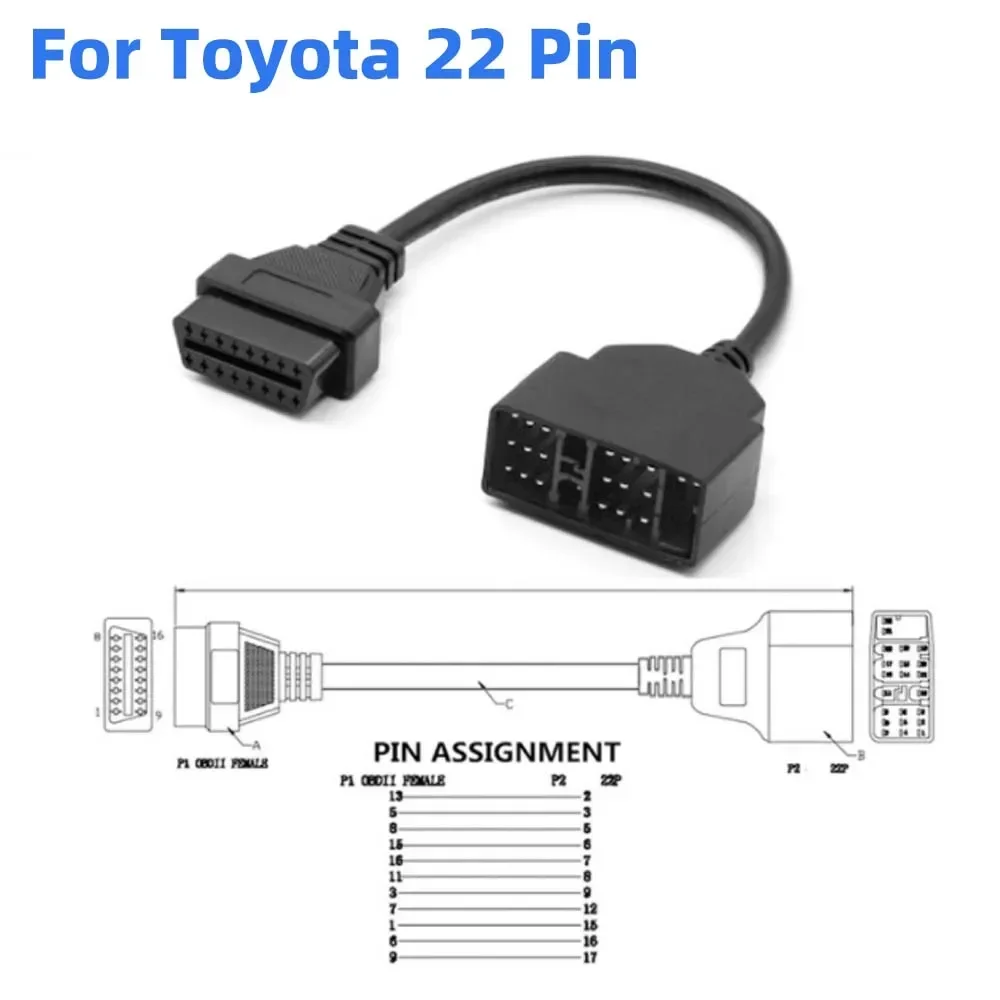 For Toyota 17 PIN 22 Pin To 16pin OBD2 Cable for TOYOTA Old 22Pin 17Pin Vehicle 60cm Noodle OBD2 16 PIN Male Female Connector