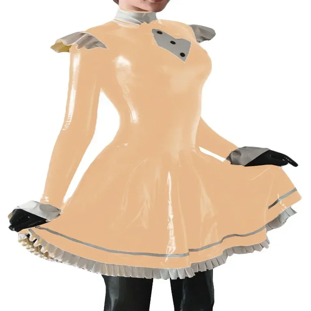 Plus Size French Lolita Dress, Long Sleeve, High Neck Pleated Mini Vestido, Vinyl PVC Leather Ruched, Fantasia Carnival Costumes