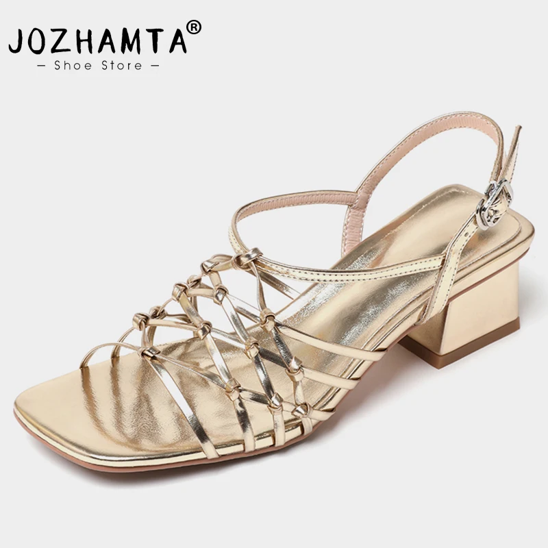 JOZHAMTA Size 33-40 Sandals Women Rome Woven Real Leather Mid Heels Shoes For Women Summer 2023 Fashion Buckle Heeled Sandalias