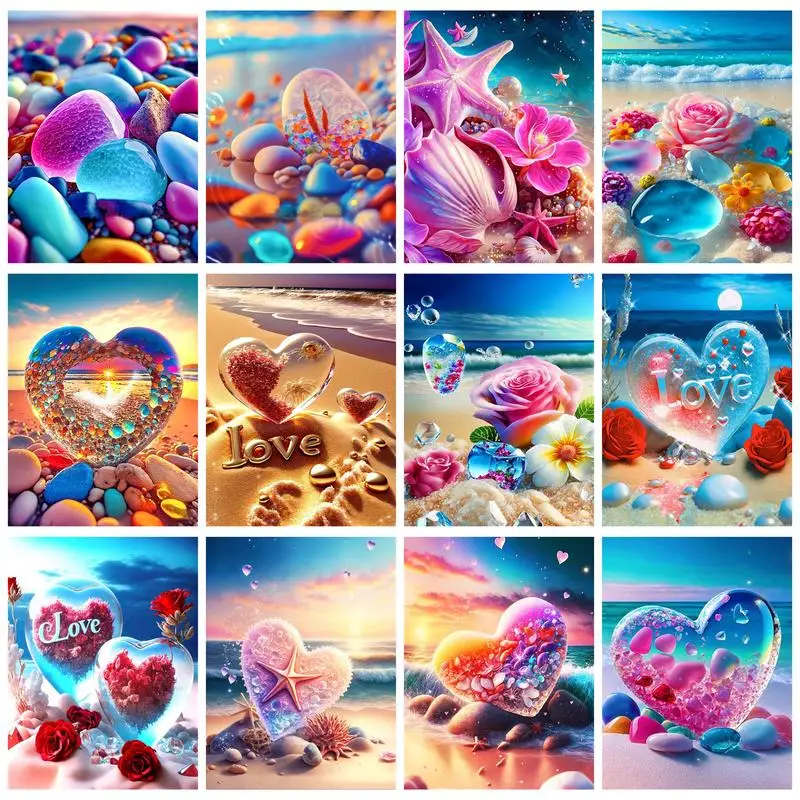 

GATYZTORY 20x30cm Painting By Numbers Frame Love Heart Stone Crystal For Adults Home Decors Diy Gift HandiCrafts Beach Landscape