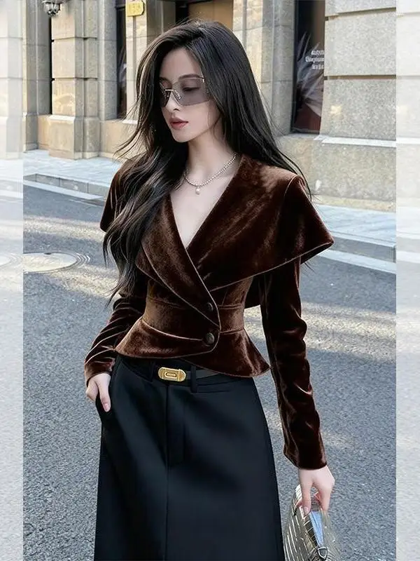 

Elegant Short Velvet Jacket Women's Fashion Autumn Winter New Style Brown Luxury Sensation Slimming Beautiful Top for Ladies
