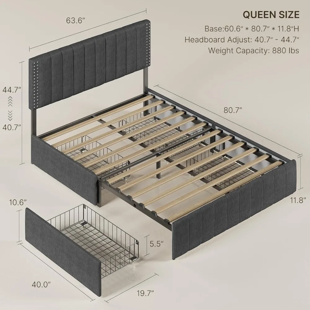 Queen bed frame, 4 storage drawers on wheels, adjustable headboard for mattresses from 6