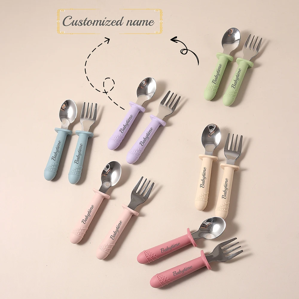 

Custom Long Handle Silicone Spoon & Fork Set - Food Grade BPA-Free, 316 Stainless Steel Head, Baby Weaning Utensils Self-Feeding