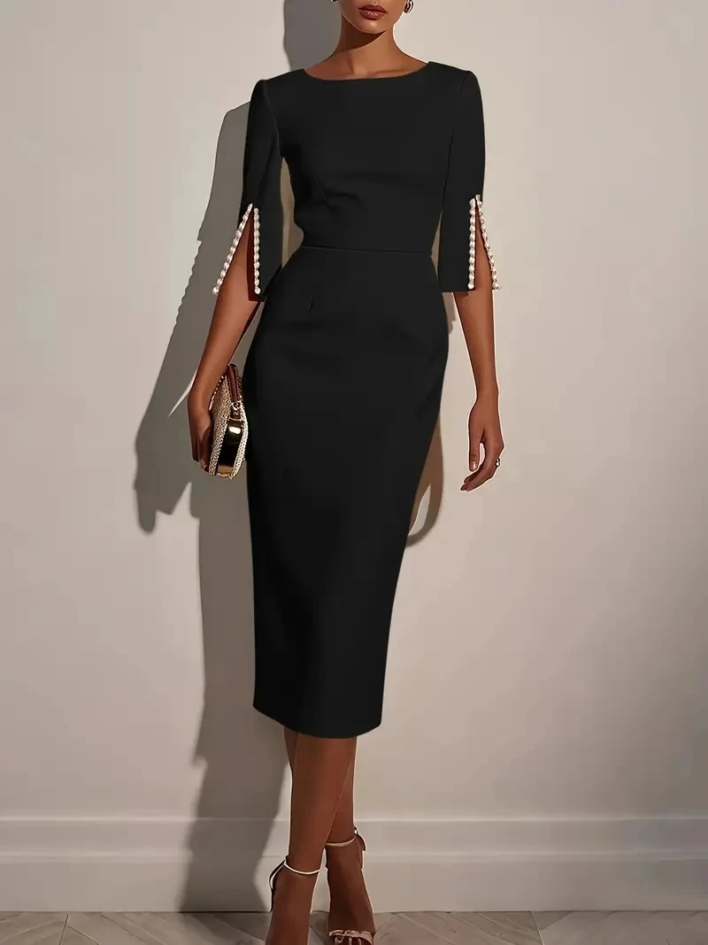 Halbarm-Midikleid mit Perlenbesatz und Schlitz am Saum für elegante Büro- oder Cocktailpartys