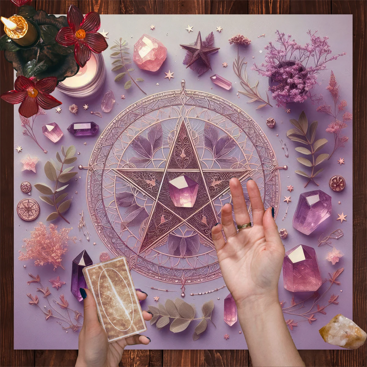 50/75/110/137cm Tarot mat Mystical Pink Crystal Star Altar Cloth Witchcraft Tarot Divination Candles Crystal Floral Plants