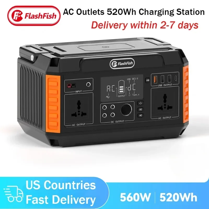 Portable Powerstation 560W Portable Solar Generator 230V Pure Sine Wave AC Outlets 520Wh Charging Station for Camping Outdoor