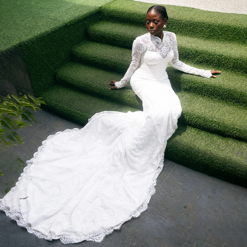 

Mophiel Africa Lace Wedding Dresses Luxury Mermaid Bride Dress Long Sleeve Sweep Train Elegant Beading Bridal Gown Customized