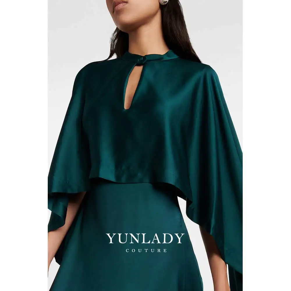 YUNLAN-vestido de noche de sirena de satén verde oscuro para mujer, traje lujoso de Dubái con capa Halter, Vestido largo de fiesta de baile árabe, 2024