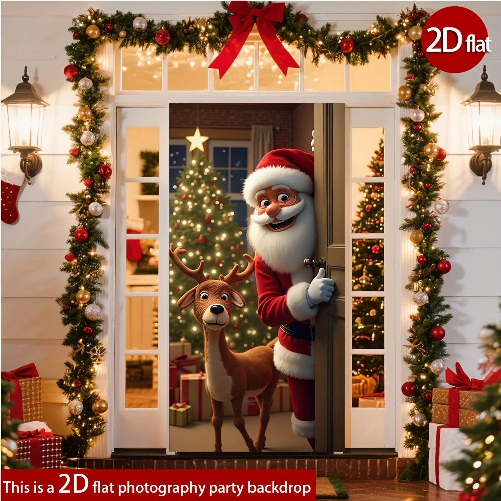 2D flach, 2D flaches Banner, Weihnachtsmann und Rentier Türvorhang Hintergrundstoff, multifunktionale Polyesterparty