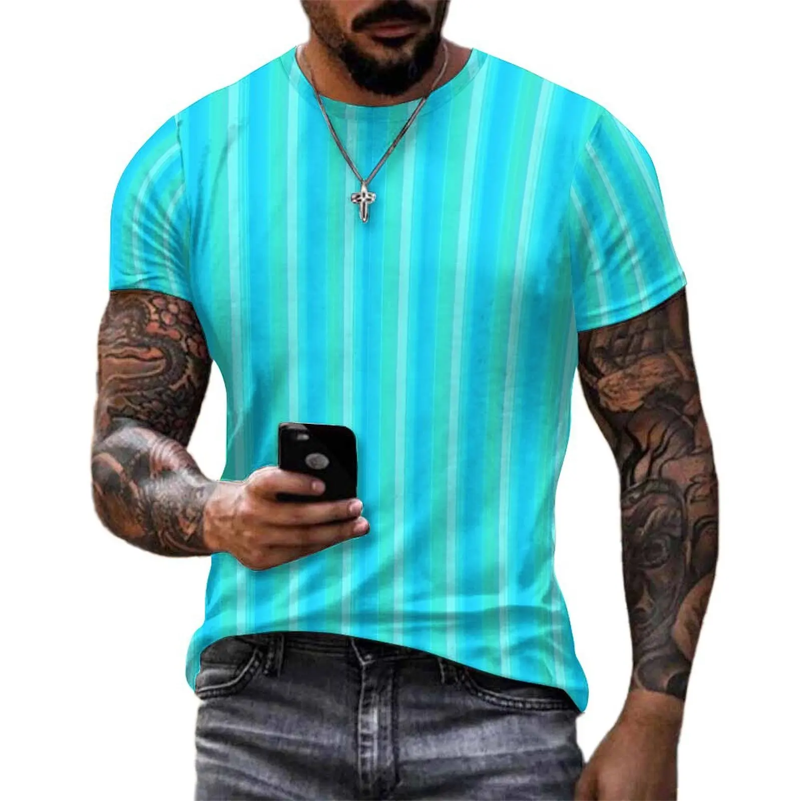 Men Abstract Striped T Shirt Blue And Green Novelty T-Shirts Short Sleeve Pattern Tshirt Hot Sale Summer Awesome Plus Size Tees
