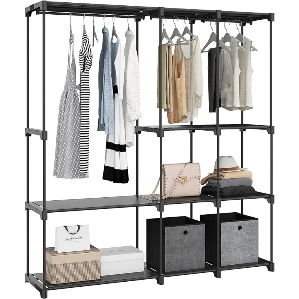 

Portable Closet, 62-inch Closet Wardrobe for Bedroom, Freestanding Closet Organizer, 3 Clothes Rail with 8 Compartments